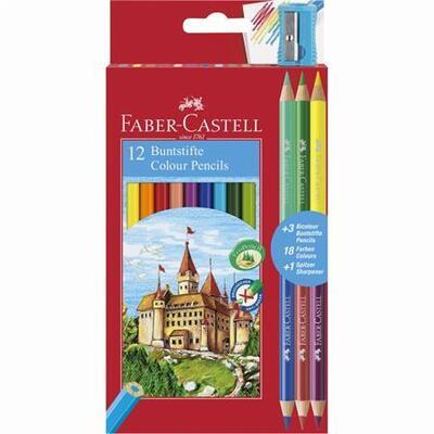 Barevné pastelky, 12 barev + 3 oboustranné, šestihranné, FABER-CASTELL