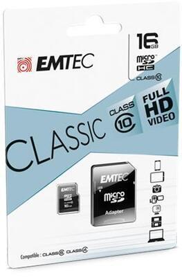 Paměťová karta "Classic", microSDHC, 16GB, CL10, 20/12 MB/s, adaptér, EMTEC ECMSDM16GHC10CG