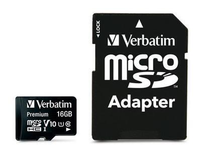 Paměťová karta "Premium", microSDHC, 16GB, CL10/U1, 45/10 MB/s, adaptér, VERBATIM - 1