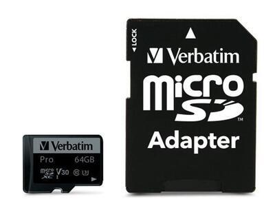 Paměťová karta "PRO", microSDXC, 64GB, CL10/U3, 90/45 MB/s, adaptér, VERBATIM - 1