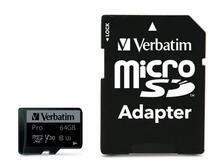 Paměťová karta "PRO", microSDXC, 64GB, CL10/U3, 90/45 MB/s, adaptér, VERBATIM - 1/2