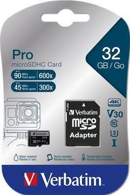 Paměťová karta "PRO", microSDHC, 32GB, CL10/U3, 90/45 MB/s, adaptér, VERBATIM - 2