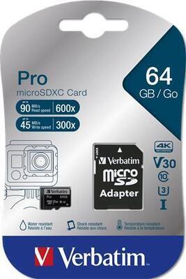 Paměťová karta "PRO", microSDXC, 64GB, CL10/U3, 90/45 MB/s, adaptér, VERBATIM - 2